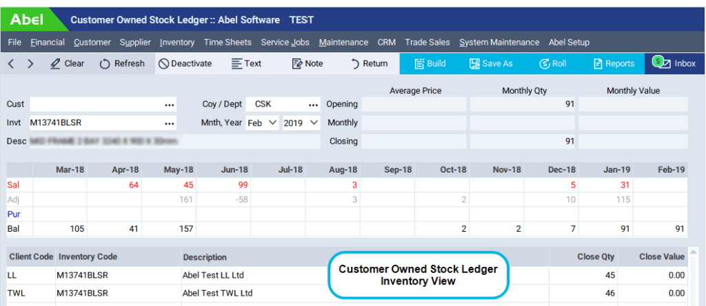 the screen grab shows an inventory view of the customer owned stock ledger. Abel ERP.