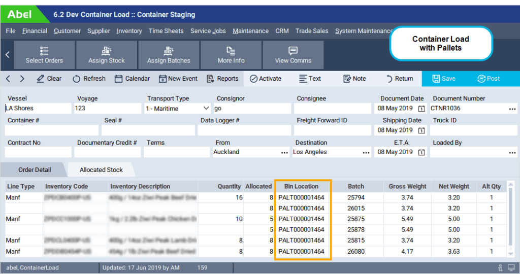 screen capture shows an export container with multiple inventory items on the same pallet. Abel ERP
