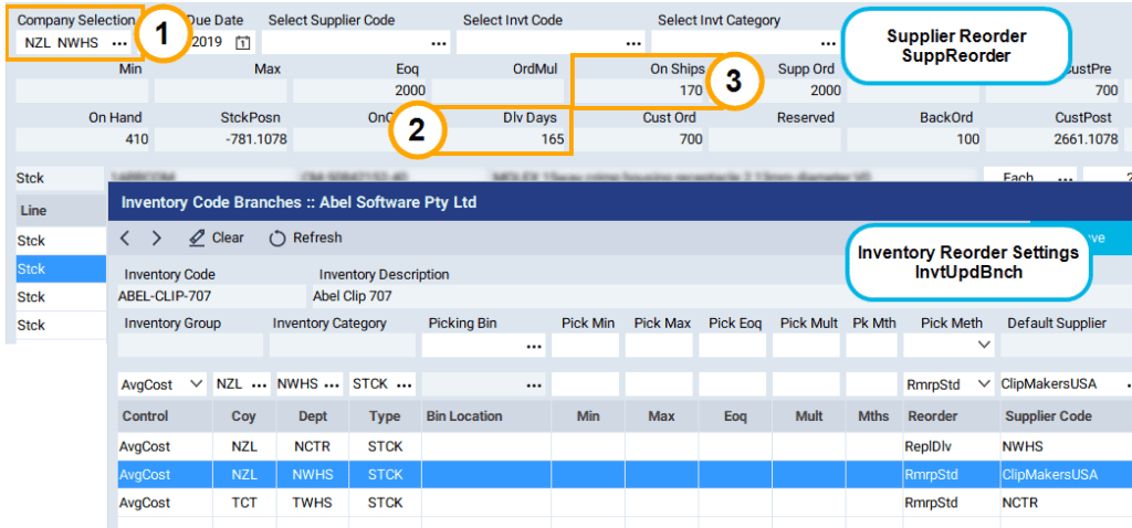 Image shows Material Requirements Planning Inventory Recorder settings configured for centralized raw materials purchase. 