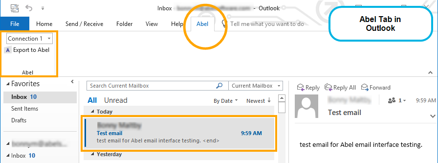 Image shows Abel tab in Microsoft Outlook for Abel's Email Interface 