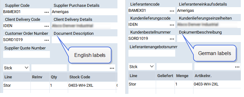 Abel ERP Image Shows: comparing a Supplier screen running in English and in German