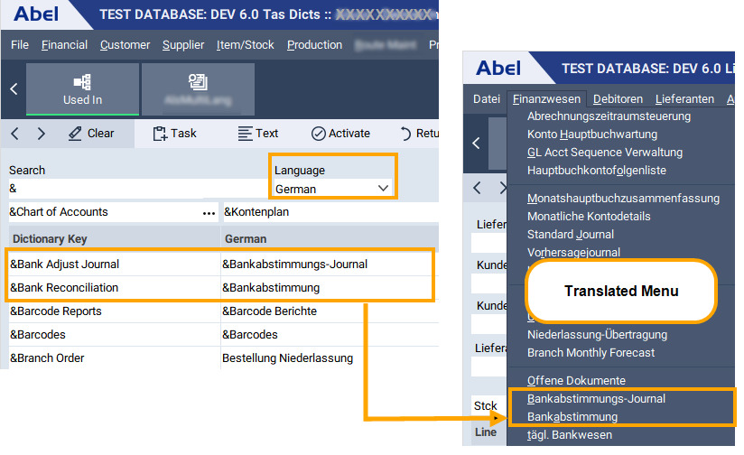 Abel ERP image shows: translation dictionary for a German installation and a translated menu. 