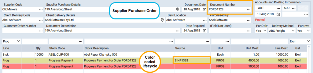 Image shows: Purchase Order with two progress payments. Color coding shows different stages of the lifecycle_AbelSoftware